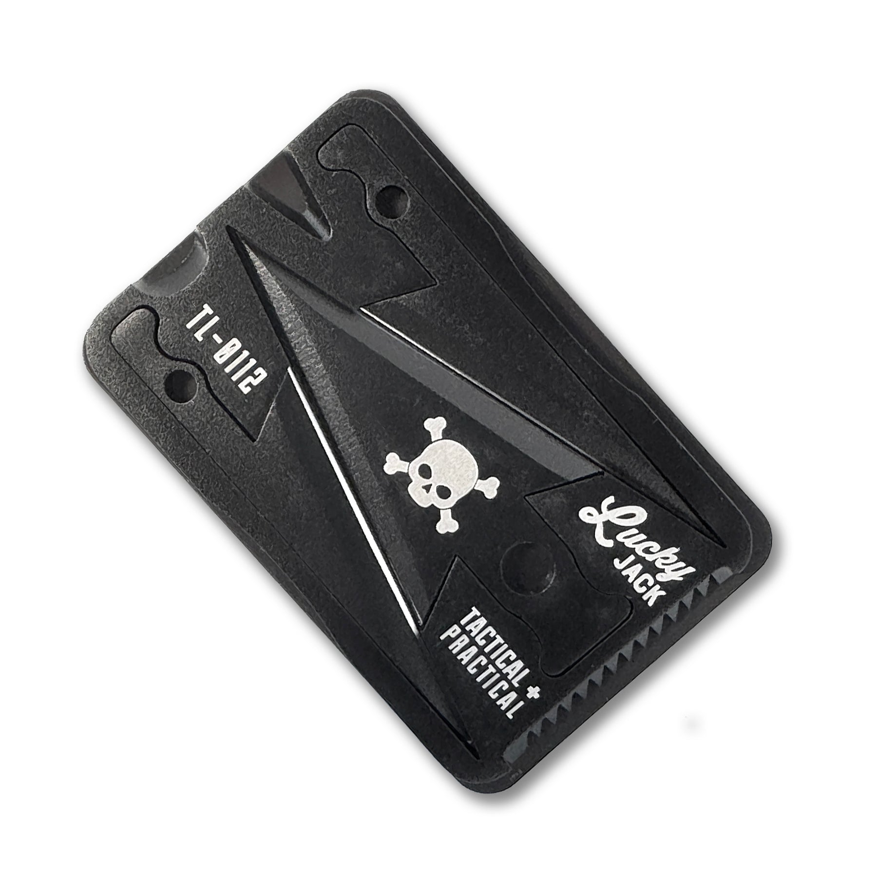 Black tactical pocket tool with skull design on a white background